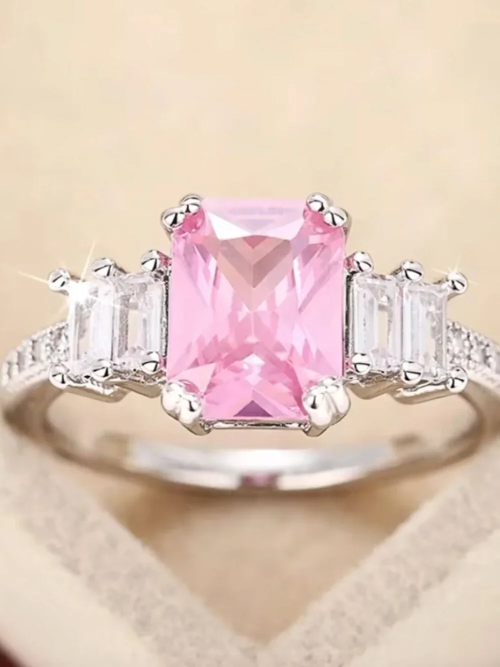 Pink Emerald-Cut Center Stone Three-Stone Ring - Picture 4 of 4